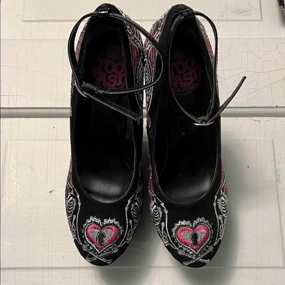 Too Fast Black and Pink Heart Embellished Heels